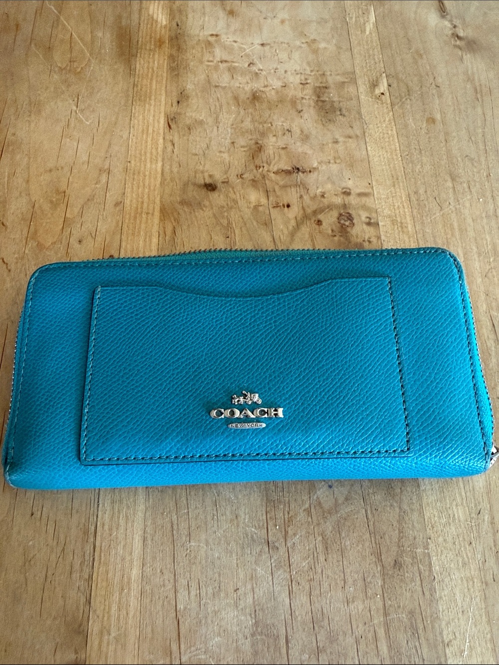 Coach Teal Leather Zip Card Holder Wallet